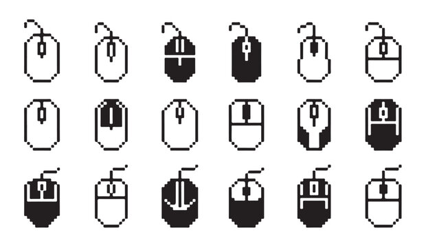 Pixel art computer mouse vector icon set, simple outline cursor and filled mouse.