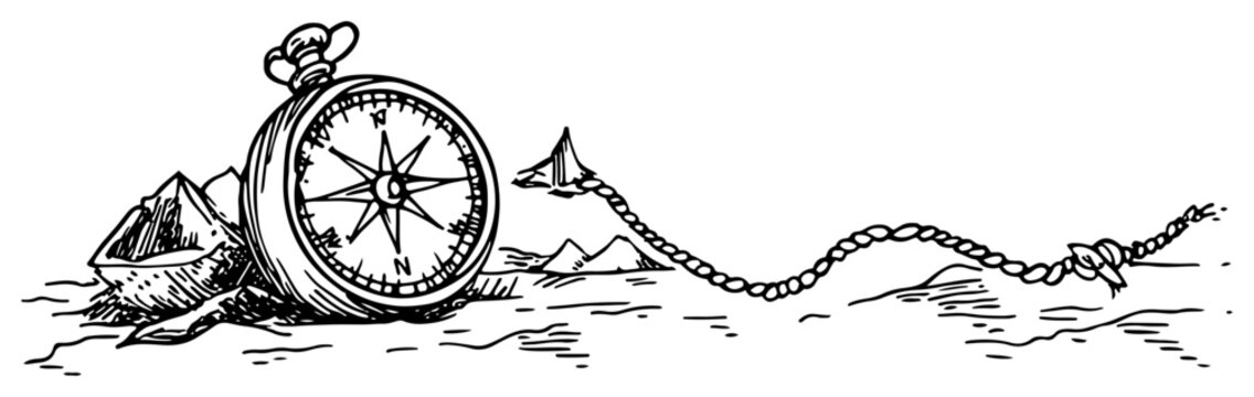 Compass navigation tools and chain in vintage engraving style