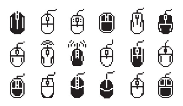 Pixel art computer mouse vector icon set, simple outline cursor and filled mouse.