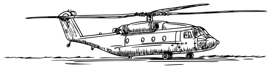 Military transport helicopter parked on ground in detailed ink sketch style © Kaz