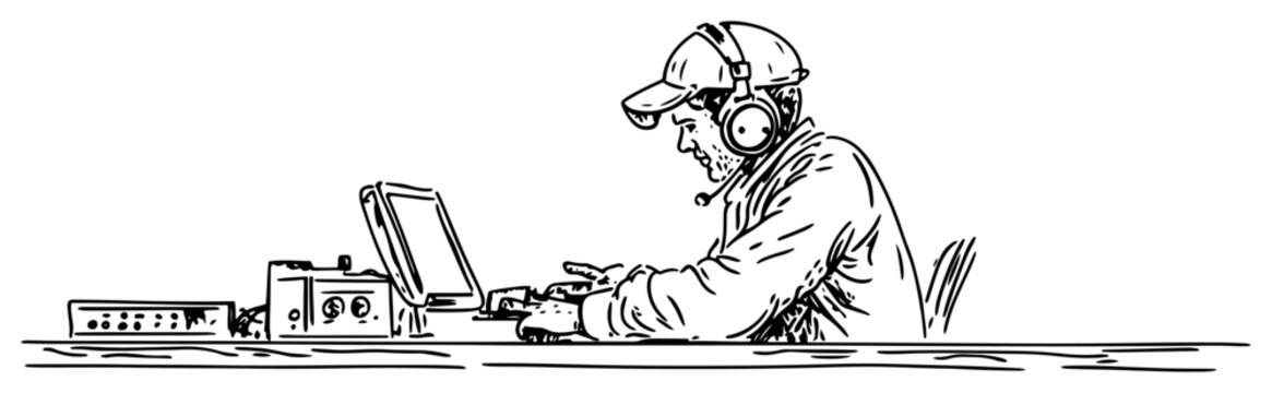 Technician operating electronic communication equipment with headset in vintage sketch style