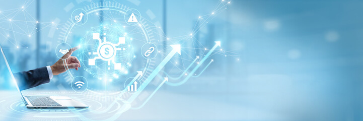 Fototapeta premium Businessman touching virtual interface with finance technology and innovative fintech banking networking. Secure automated transaction gateway, digital payment ecosystem