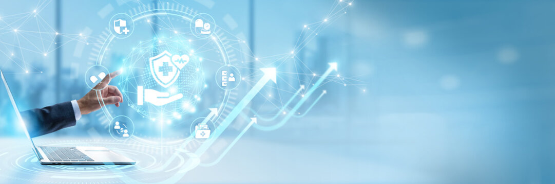 Businessman touching virtual interface with Health Insurance and digital medical policy claims networking. Healthcare benefit coverage evaluation, secure claim processing