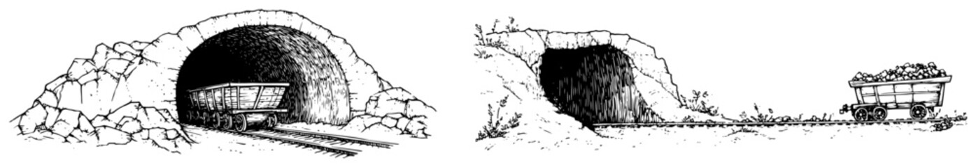Mine entrance tunnel with coal cart on tracks in vintage engraving style © Kaz