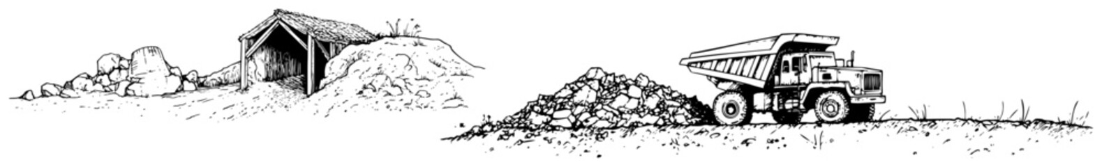 Dump truck and mining entrance at quarry site with gravel piles in hand drawn sketch style © Kaz