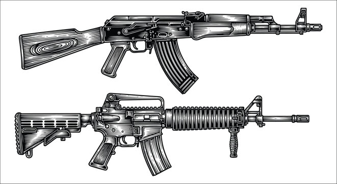 Assault rifles illustration detailed engraving style on a white background