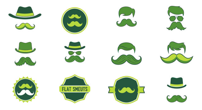 Green mustaches and hats icons set.