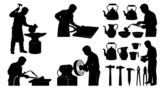 Blacksmith Craftsmanship Silhouettes, Metalworking Tools & Utensils Collection, Vintage Artisan Scenes, Industrial Craft Vector Icons