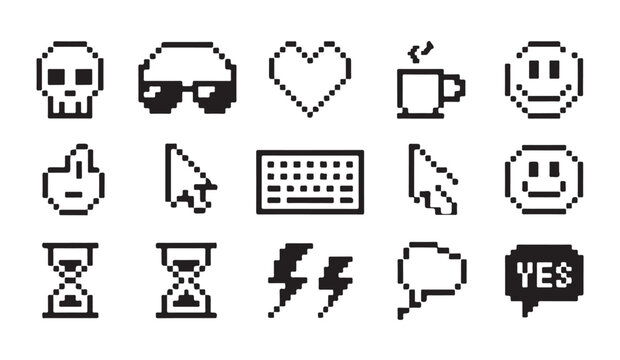 Pixel art cursor and interface icons set for website design with retro gaming style art.