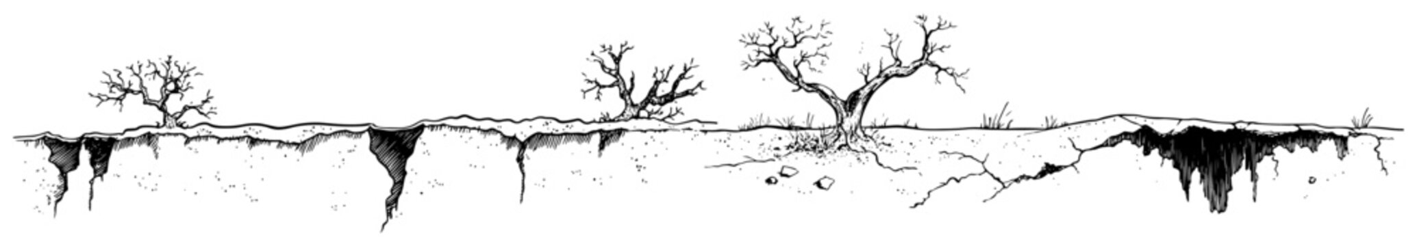 Cracked dry earth with deep fissures and bare dead trees in hand drawn ink sketch style
