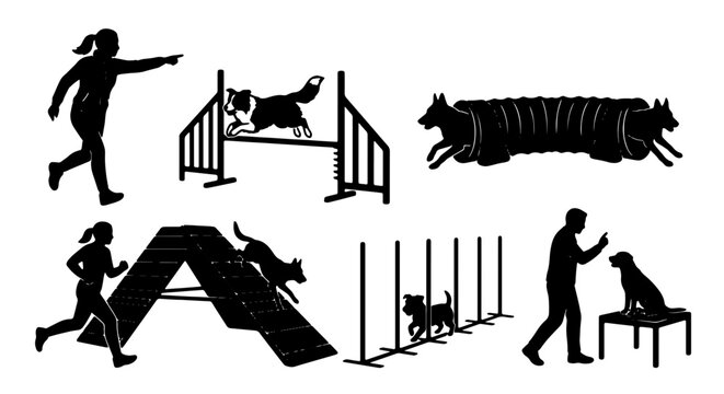 Dog Agility Training Set, Canine Obstacle Course Icons, Pet Sports Silhouette Collection, Active Animal Lifestyle Vector Graphics