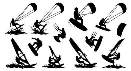 Fototapeta premium Kitesurfing and windsurfing silhouettes set, extreme water sports icons collection, black kiteboarding and windsurf vector graphics