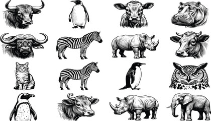Hand Drawn Wild Animal Vector Icon Set Featuring Detailed Engraving Style Illustrations of Elephant, Zebra, Rhino, Hippo, and Penguins for Design Layouts © Riyan
