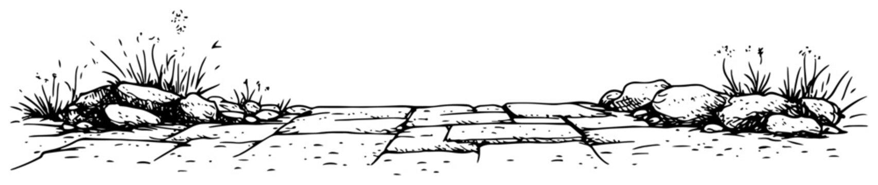 Stone path walkway with wild grass and rocks on sides in hand drawn sketch style