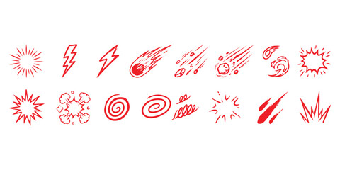 Set of hand drawn comic book action effect elements in red color Vector, illustration © md