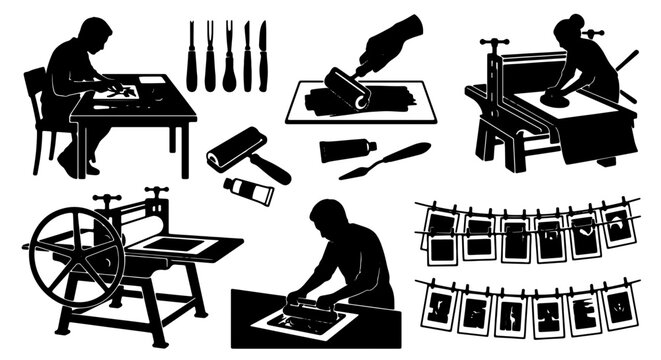 Printmaking Studio Icons, Artist Tools & Techniques, Vintage Art Process Vector Set, Graphic Design Elements