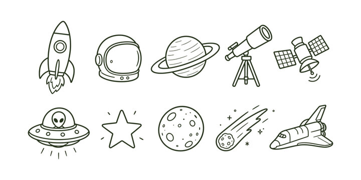 Hand-drawn space exploration and astronomy elements doodle icon set vector illustration