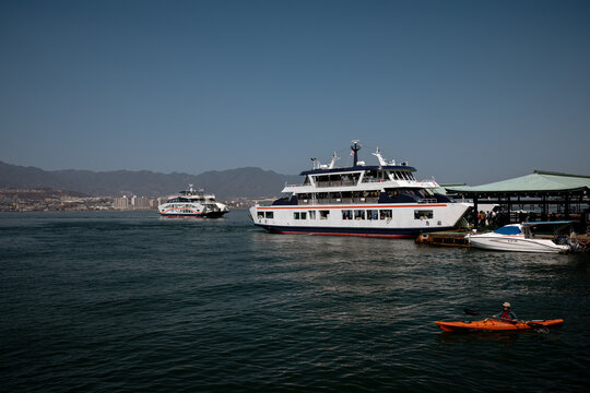 Hiroshima, Japan - March 21, 2026: Passenger ferry cruising in waters near Miyajima Island, Hiroshima, Japan.
