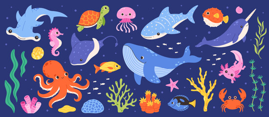 Set of cute cartoon sea animals and underwater life. Flat vector illustrations for nautical decor and ocean themed designs © Amahce