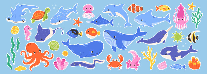 Cute sea animals stickers collection. Underwater world. Flat vector illustration © Amahce