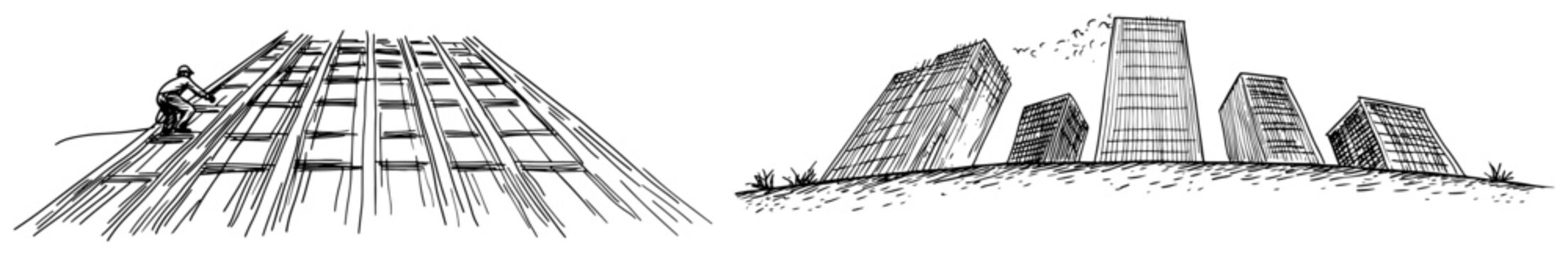 Construction worker on structural grid and city buildings in architectural sketch style