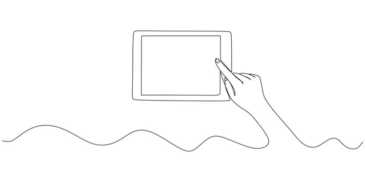 continuous line illustration of a hand giving a tutorial on a tab