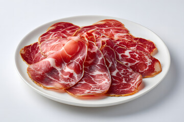 Fototapeta premium Premium Italian Coppa and Capicola Slices Artfully Arranged on a Full White Plate for Culinary Delight
