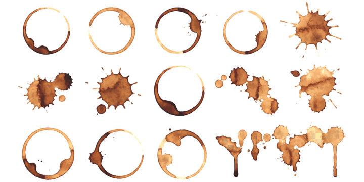 Set of coffee cup stains rings and splashes isolated on a flat surface Vector, illustration