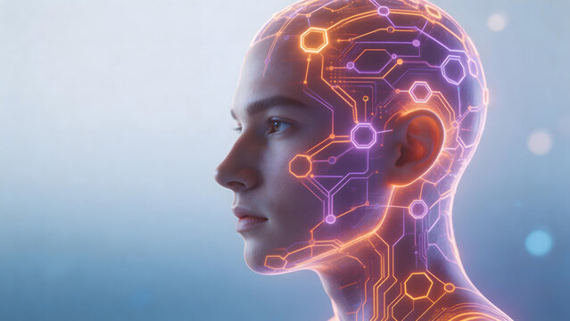 Human head with glowing circuit patterns