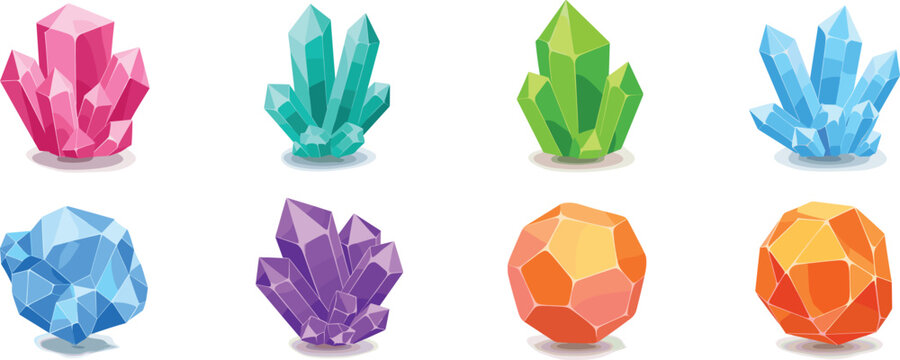 Magic Crystal and Gemstone Vector Set Featuring Colorful Mineral Clusters Quartz Geodes and Polygonal Jewels for Fantasy Gaming and Esoteric Designs