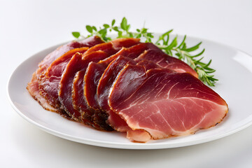 Fototapeta premium Premium German Black Forest Ham Slices on Plate with Fresh Herbs Garnish for Culinary Presentation