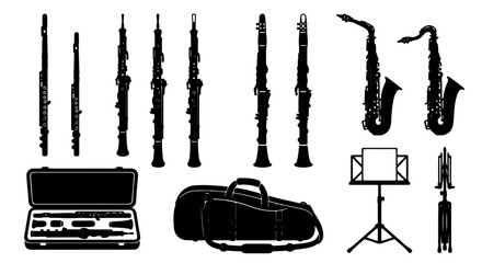 Woodwind Instrument Collection: Oboes, Saxophones, Flutes, and Cases, Vector Icons for Music Education and Performance © Zubaraj