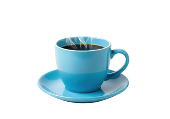 Obraz premium Blue ceramic coffee cup with saucer and steaming hot coffee isolated on transparent background