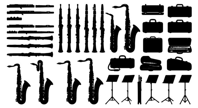 Black Silhouette Vector Icons of Musical Instruments, Cases, and Music Stands, Woodwind and Brass Ensemble Collection for Performance and Education Graphics