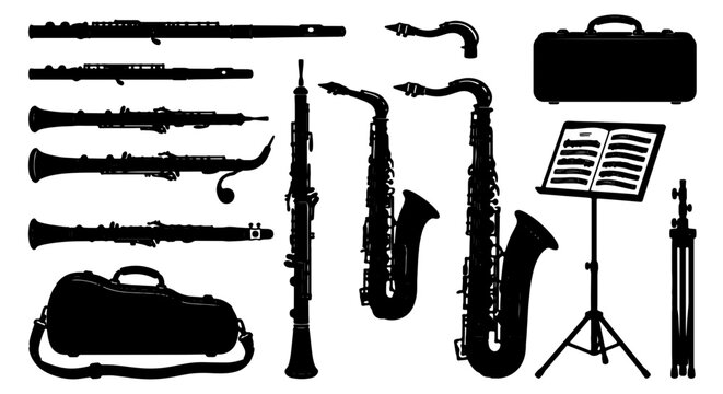 Woodwind and Brass Instruments Collection, Vector Silhouettes of Saxophones, Clarinets, Flutes, Oboes, and Music Accessories for Performance and Education