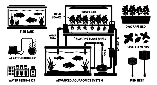 Advanced Aquaponics System Diagram, Fish Tank, Floating Plant Rafts, Aeration Bubbler, Water Testing Kit, Basil Elements, Fish Nets, Grow Light, DWC Raft Bed, Hydroponic Farming