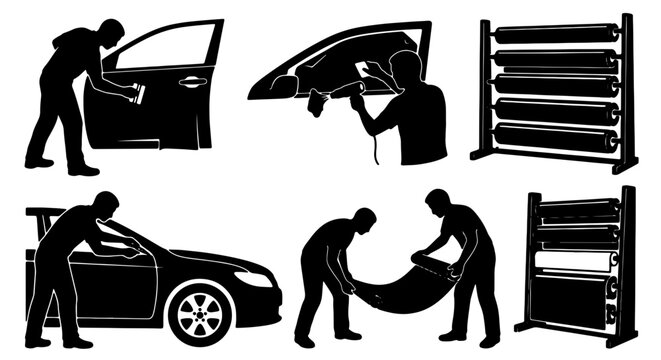 Car Window Tinting Service Icons, Automotive Film Installation Vector Set, Professional Auto Detailing Graphics