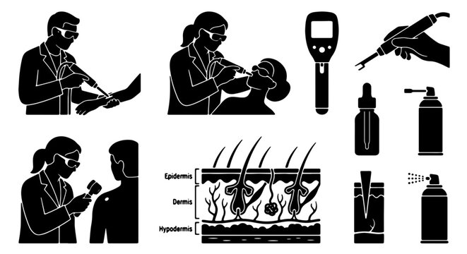 Dermatology Icons Set, Medical Skin Analysis Vector Graphics, Healthcare Professional Tools, Diagnostic Equipment Illustrations