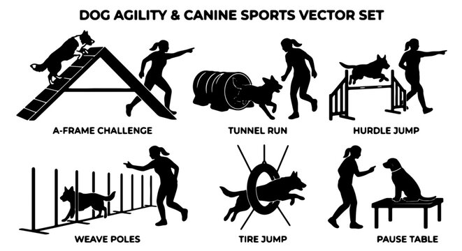 Dog Agility & Canine Sports Vector Set: 7 Icons Featuring A-Frame, Tunnel, Hurdles, Weave Poles, Tire Jump, Pause Table for Athletic Training & Competition