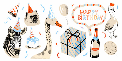 Animal birthday celebration illustration with zebra goose and gift © Nova
