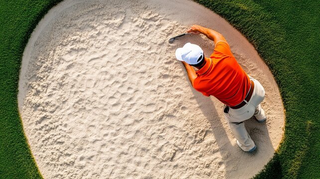 A high-angle, top-down view captures a golfer in a vibrant orange shirt and white cap preparing a challenging shot from a golf course sand bunker. Golf, Bunker Shot