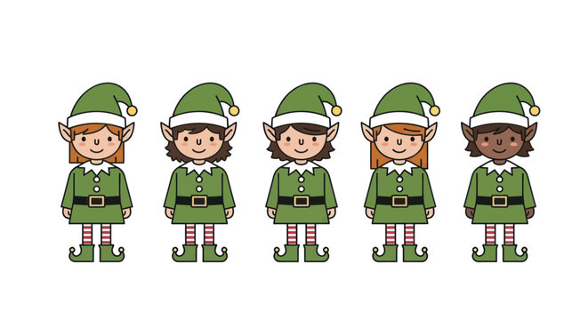 Diverse group of Christmas elves standing.