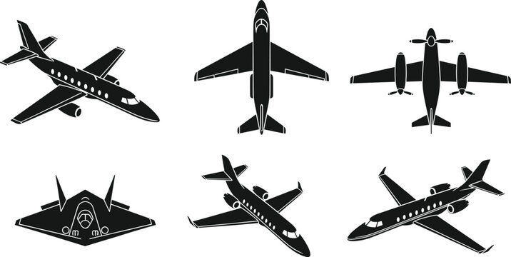 Collection of private jet and military aircraft silhouettes for aviation theme design projects graphic.