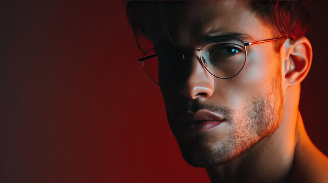 Young man wearing stylish glasses, looking intently at the viewer, bathed in vibrant red and orange color gel lighting with a thermal aesthetic, visualizing data and energy