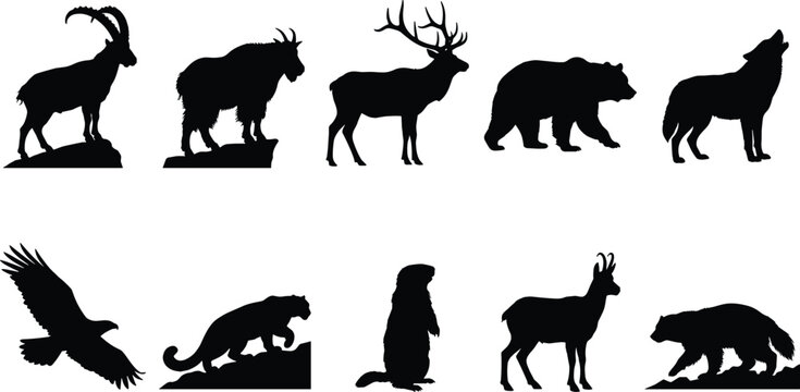 Silhouette collection of wild mountain animals including a goat, deer, bear, wolf, eagle, lynx, marmot, and possibly a wild boar or other large mammal, isolated on a white background
