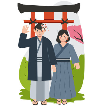 Japanese Couple Tourism Flat Vector Illustration