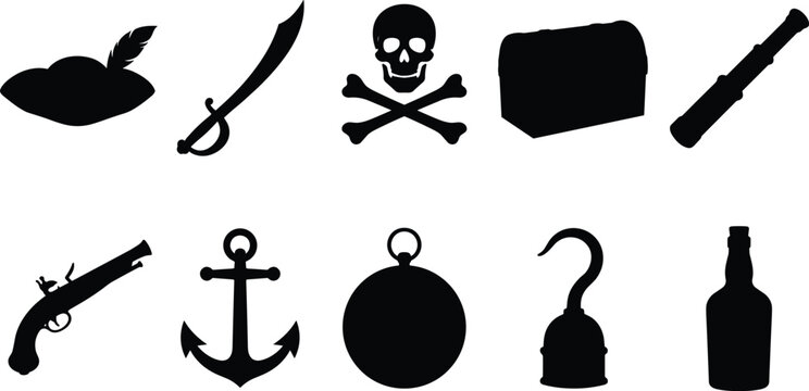 Essential pirate adventure concept graphic elements, featuring iconic vector silhouettes of classic nautical objects, treasure, and swashbuckling tools for themed designs