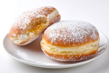 Fototapeta premium Delicious Krapfen on a White Plate with Powedered Sugar and Filling in a Full View for Dessert Lovers