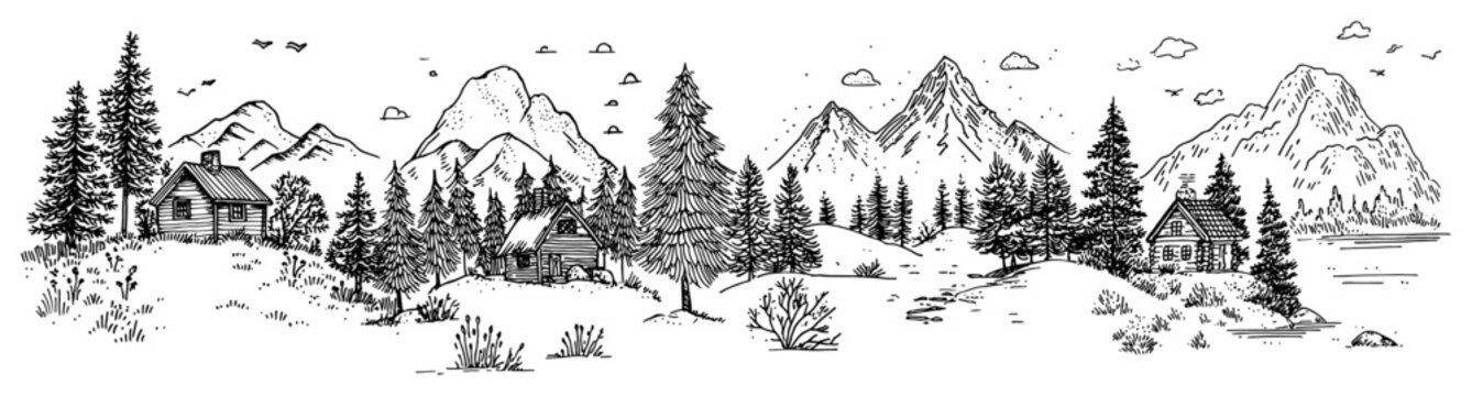 Alpine mountain landscape with small wooden cabins and pine forest in vintage sketch style