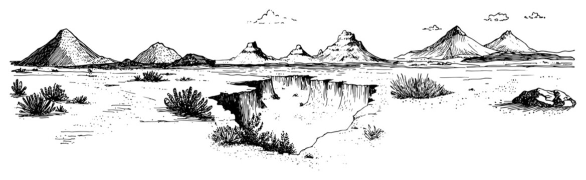 Desert landscape with large sinkhole and distant mountains in hand drawn sketch style